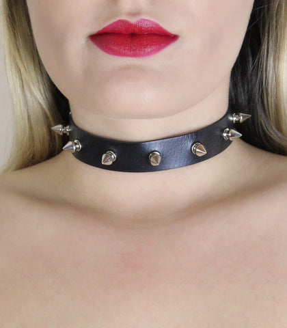 Love In Leather Spiked Faux Leather BDSM Choker - Collars and Leads