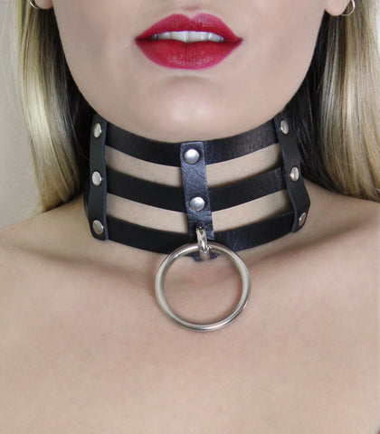 Love In Leather Triple Strap Faux Leather Choker - Collars and Leads