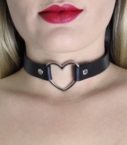 Love In Leather Heart Ring Faux Leather Fetish Choker - Collars and Leads