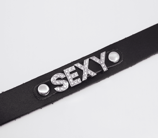 Love In Leather Diamante Sexy Word BDSM Collar - Collars and Leads