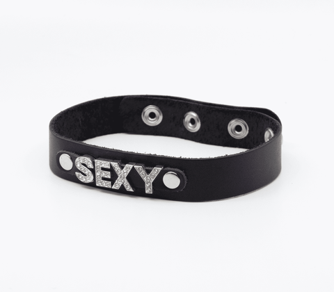 Love In Leather Diamante Sexy Word BDSM Collar - Collars and Leads