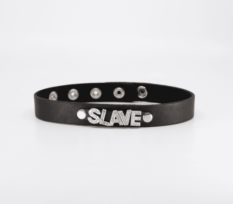 Love In Leather Diamante Slave Word BDSM Collar - Collars and Leads