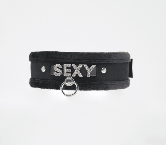 Love In Leather Diamante Sexy Fluffy Bondage Collar - Collars and Leads