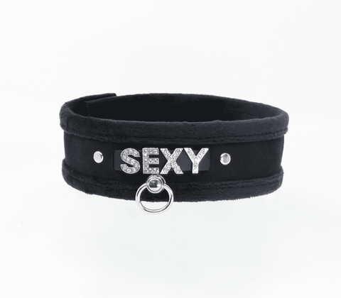 Love In Leather Diamante Sexy Fluffy Bondage Collar - Collars and Leads