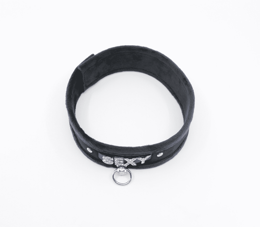 Love In Leather Diamante Sexy Fluffy Bondage Collar - Collars and Leads