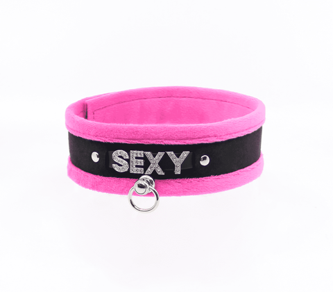 Love In Leather Diamante Sexy Fluffy Bondage Collar - Collars and Leads