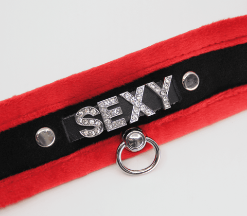 Love In Leather Diamante Sexy Fluffy Bondage Collar - Collars and Leads