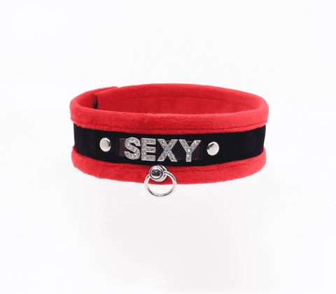 Love In Leather Diamante Sexy Fluffy Bondage Collar - Collars and Leads