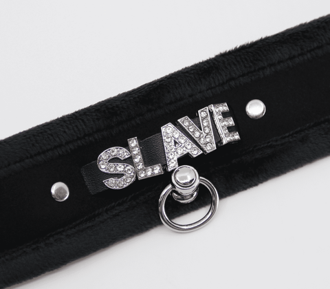 Love In Leather Diamante Slave Fluffy Fetish Collar - Collars and Leads