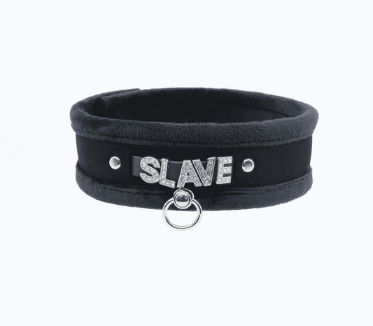 Love In Leather Diamante Slave Fluffy Fetish Collar - Collars and Leads