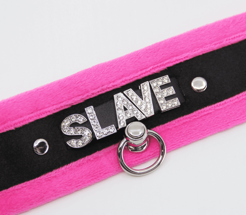 Love In Leather Diamante Slave Fluffy Fetish Collar - Collars and Leads