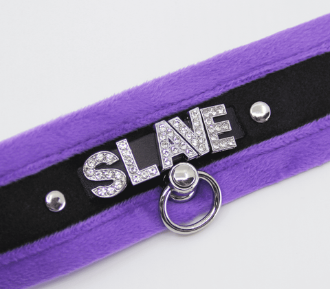 Love In Leather Diamante Slave Fluffy Fetish Collar - Collars and Leads