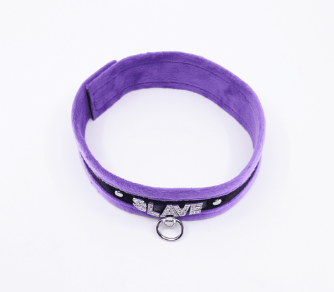 Love In Leather Diamante Slave Fluffy Fetish Collar - Collars and Leads