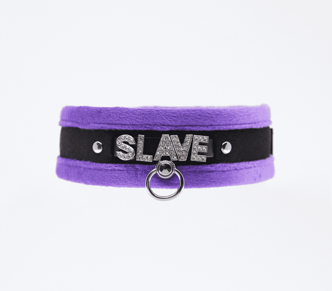 Love In Leather Diamante Slave Fluffy Fetish Collar - Collars and Leads
