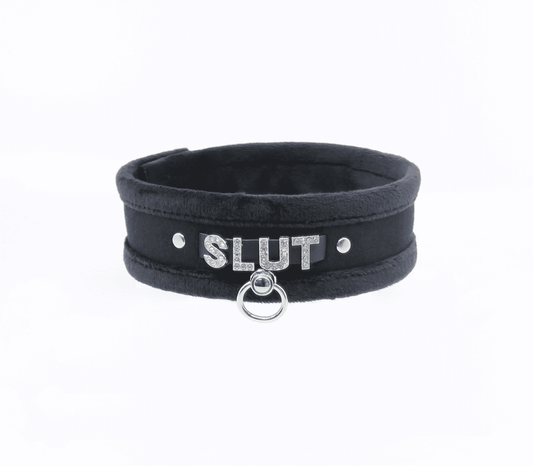 Love In Leather Diamante Slut Fluffy Fetish Collar - Collars and Leads