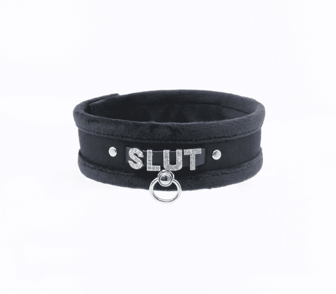Love In Leather Diamante Slut Fluffy Fetish Collar - Collars and Leads