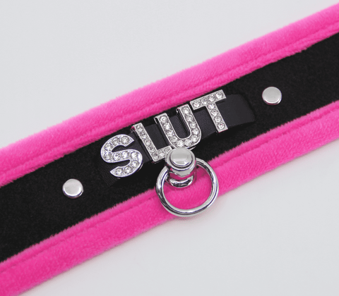 Love In Leather Diamante Slut Fluffy Fetish Collar - Collars and Leads