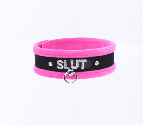 Love In Leather Diamante Slut Fluffy Fetish Collar - Collars and Leads
