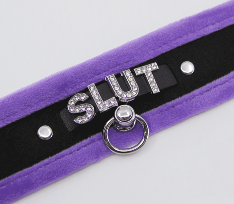 Love In Leather Diamante Slut Fluffy Fetish Collar - Collars and Leads