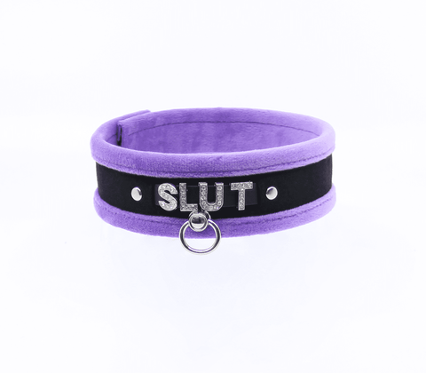 Love In Leather Diamante Slut Fluffy Fetish Collar - Collars and Leads