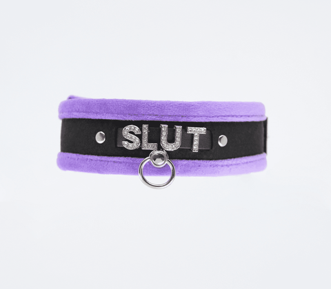 Love In Leather Diamante Slut Fluffy Fetish Collar - Collars and Leads