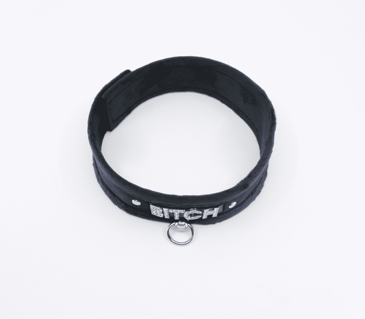 Love In Leather Diamante Bitch Fluffy Bondage Collar - Collars and Leads