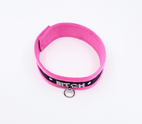 Love In Leather Diamante Bitch Fluffy Bondage Collar - Collars and Leads