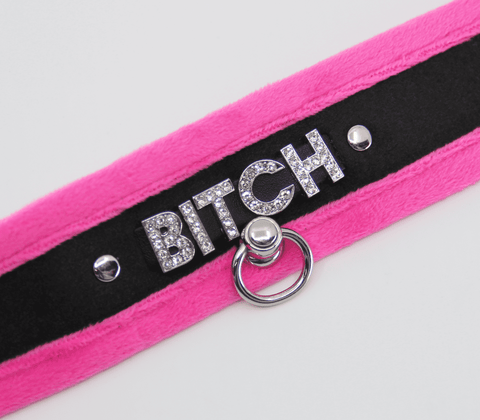 Love In Leather Diamante Bitch Fluffy Bondage Collar - Collars and Leads