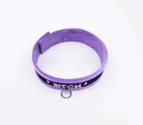 Love In Leather Diamante Bitch Fluffy Bondage Collar - Collars and Leads