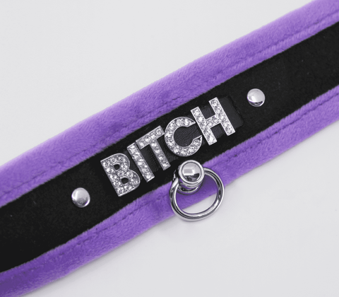 Love In Leather Diamante Bitch Fluffy Bondage Collar - Collars and Leads