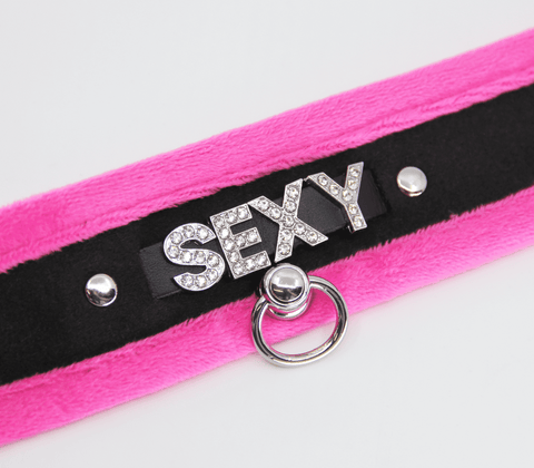 Love In Leather Diamante Sexy Fluffy Bondage Collar - Collars and Leads
