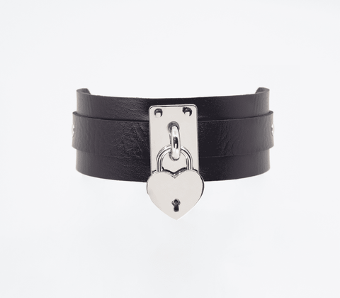 Love In Leather Heart Padlock Faux Leather Collar - Collars and Leads
