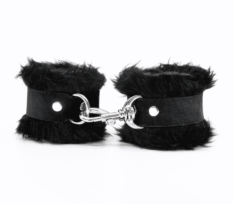 Love In Leather Fluffy Cuffs with Suede Leather Strap - Cuffs And Restraints