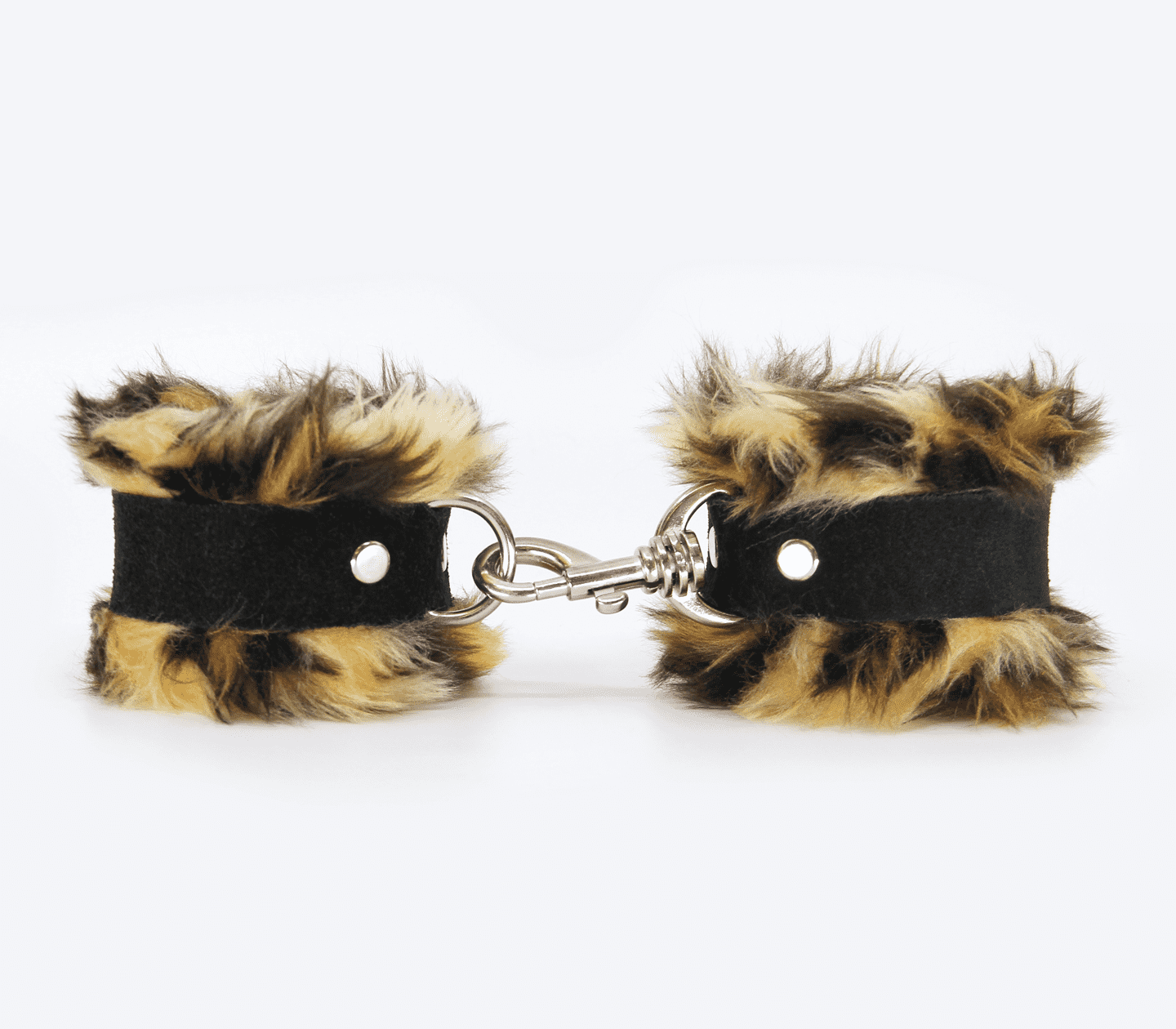 Love In Leather Fluffy Cuffs with Suede Leather Strap Brown Animal Print Cuffs And Restraints