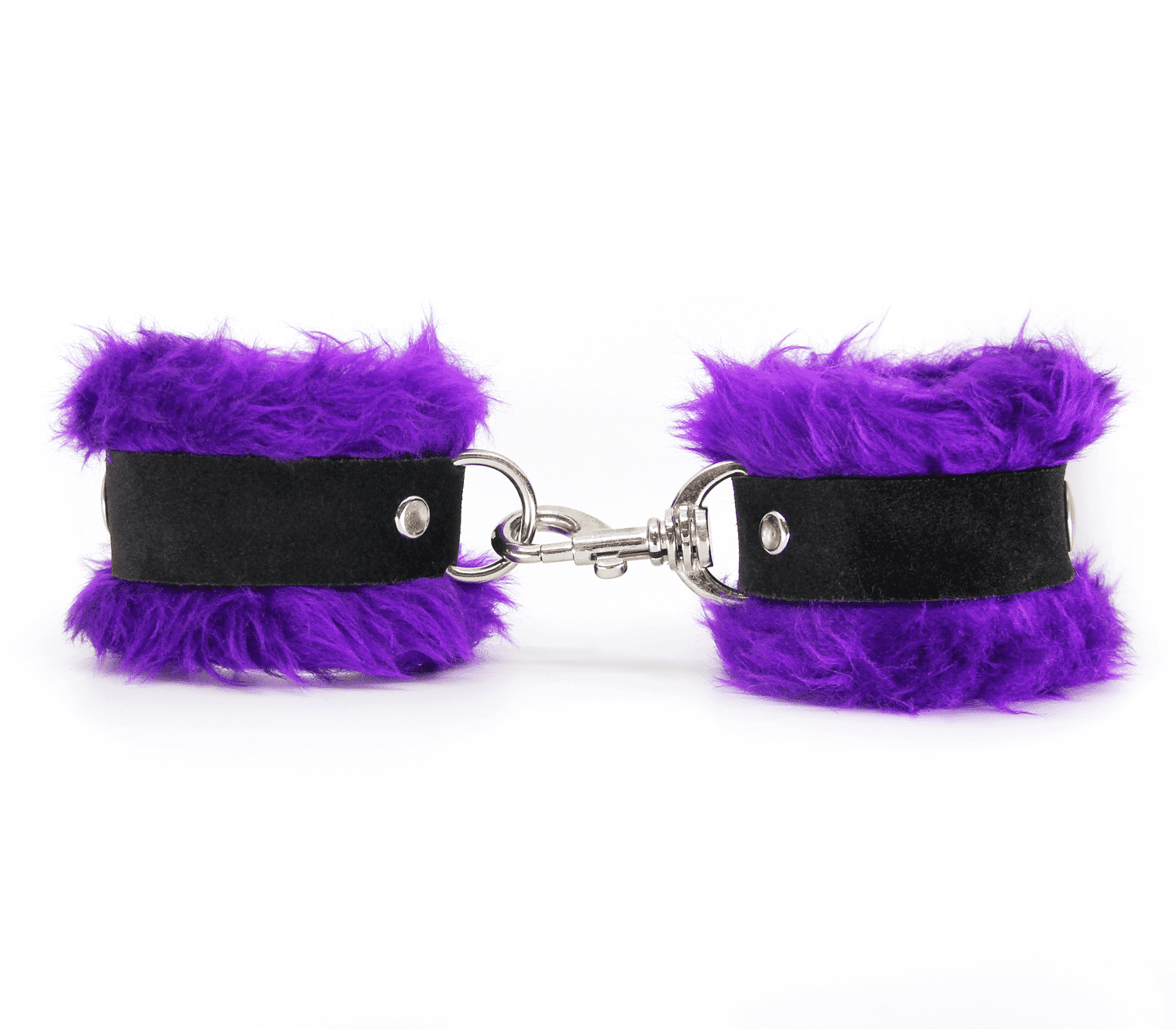 Love In Leather Fluffy Cuffs with Suede Leather Strap Purple Cuffs And Restraints