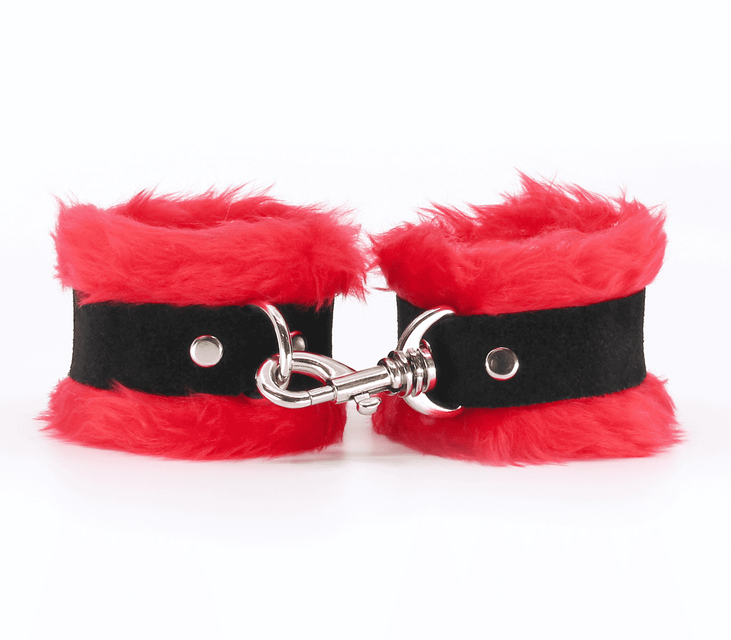 Love In Leather Fluffy Cuffs with Suede Leather Strap Red Cuffs And Restraints