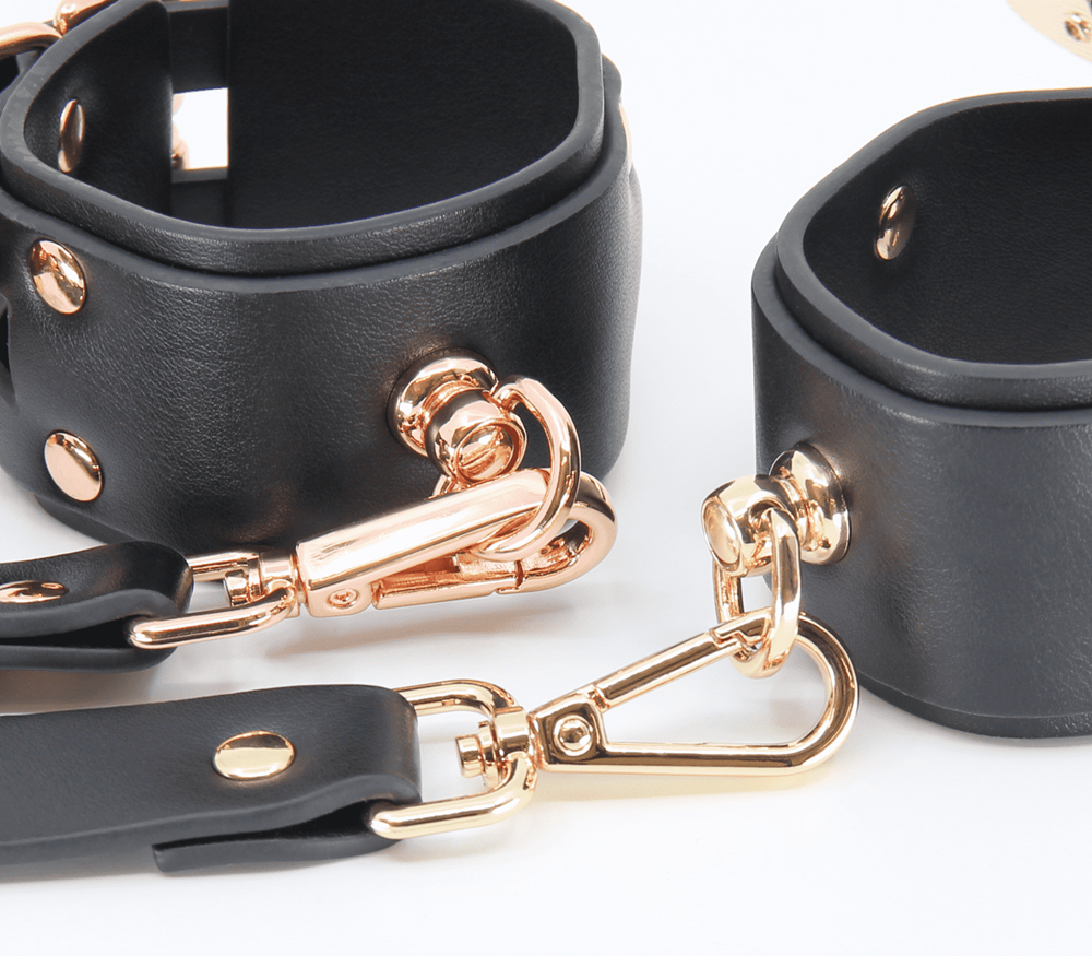 Love In Leather Double Straps Bondage Cuffs Gold Cuffs And Restraints