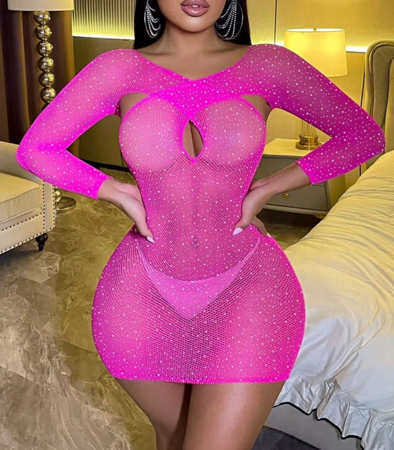 Love In Leather Long Sleeve Womens Rhinestone Dress Hot Pink Body Stockings