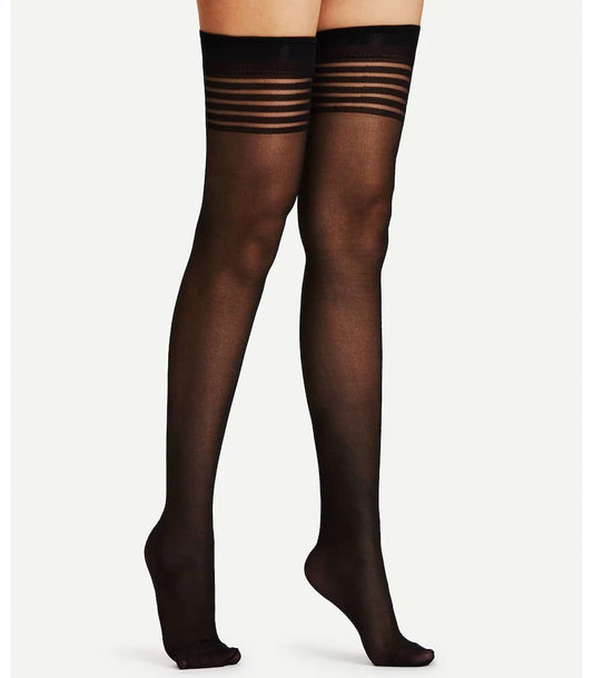 Love In Leather Sheer Thigh Highs With Band Top - Fishnet and Thigh Highs