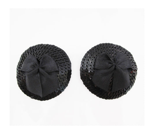 Love In Leather Round Sequin Nipple Pasties With Bow Black Breast and Nipple Toys