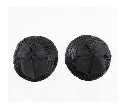 Love In Leather Round Sequin Nipple Pasties With Bow - Breast and Nipple Toys