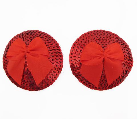 Love In Leather Round Sequin Nipple Pasties With Bow - Breast and Nipple Toys