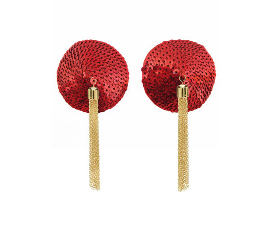 Love In Leather Sequin Pasties With Chain Tassels Red Breast and Nipple Toys