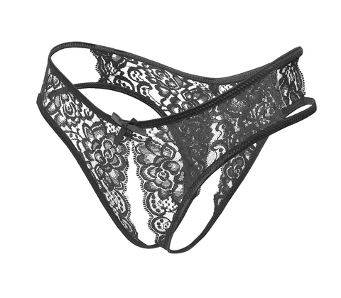 Love In Leather Full Lace Crotchless Lace Panties Black - G-Strings, Panties and Shorts