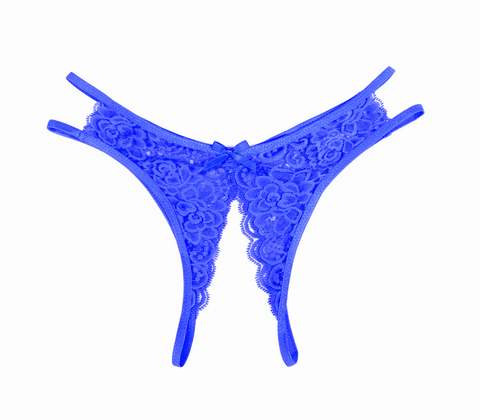Love In Leather Full Lace Crotchless Lace Panties Blue - G-Strings, Panties and Shorts