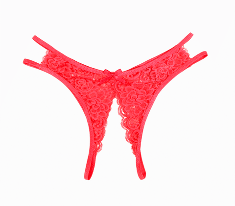 Love In Leather Full Lace Crotchless Lace Panties Red - G-Strings, Panties and Shorts