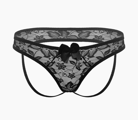Love In Leather Full Lace Womens Crotchless Panties OS - G-Strings, Panties and Shorts