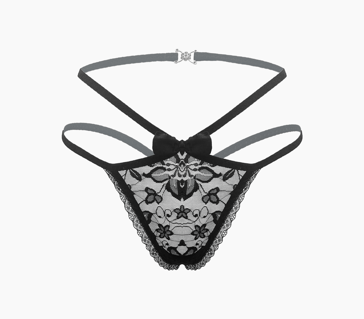 Love In Leather Full Lace G-String Crotchless Panties OS Black G-Strings, Panties and Shorts