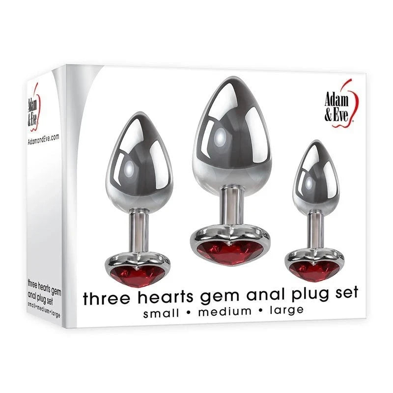 Adam and Eve Three Hearts Gem Metallic Anal Plug Set with Gem Bases Butt Plugs