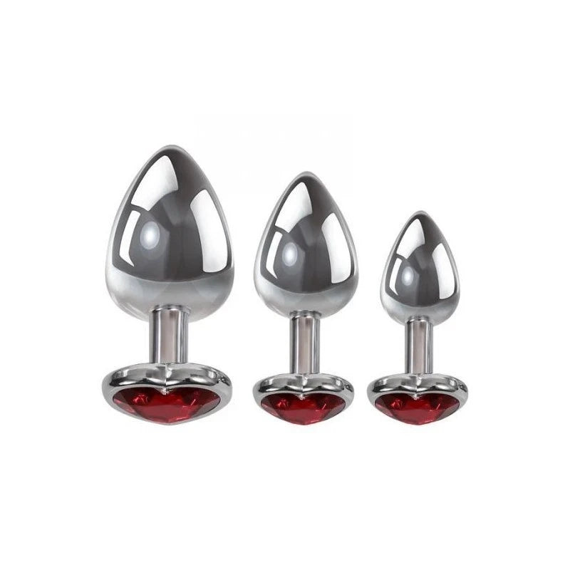 Adam and Eve Three Hearts Gem Metallic Anal Plug Set with Gem Bases Butt Plugs